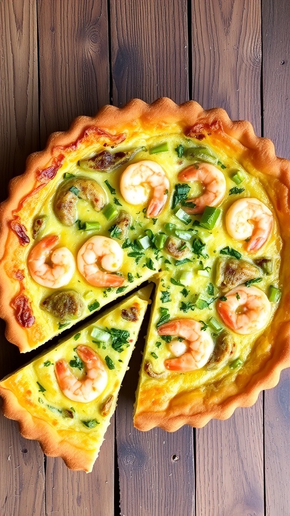 Leek and Shrimp Quiche Recipe A golden-brown leek and shrimp quiche with a slice removed, garnished with herbs, on a wooden table.